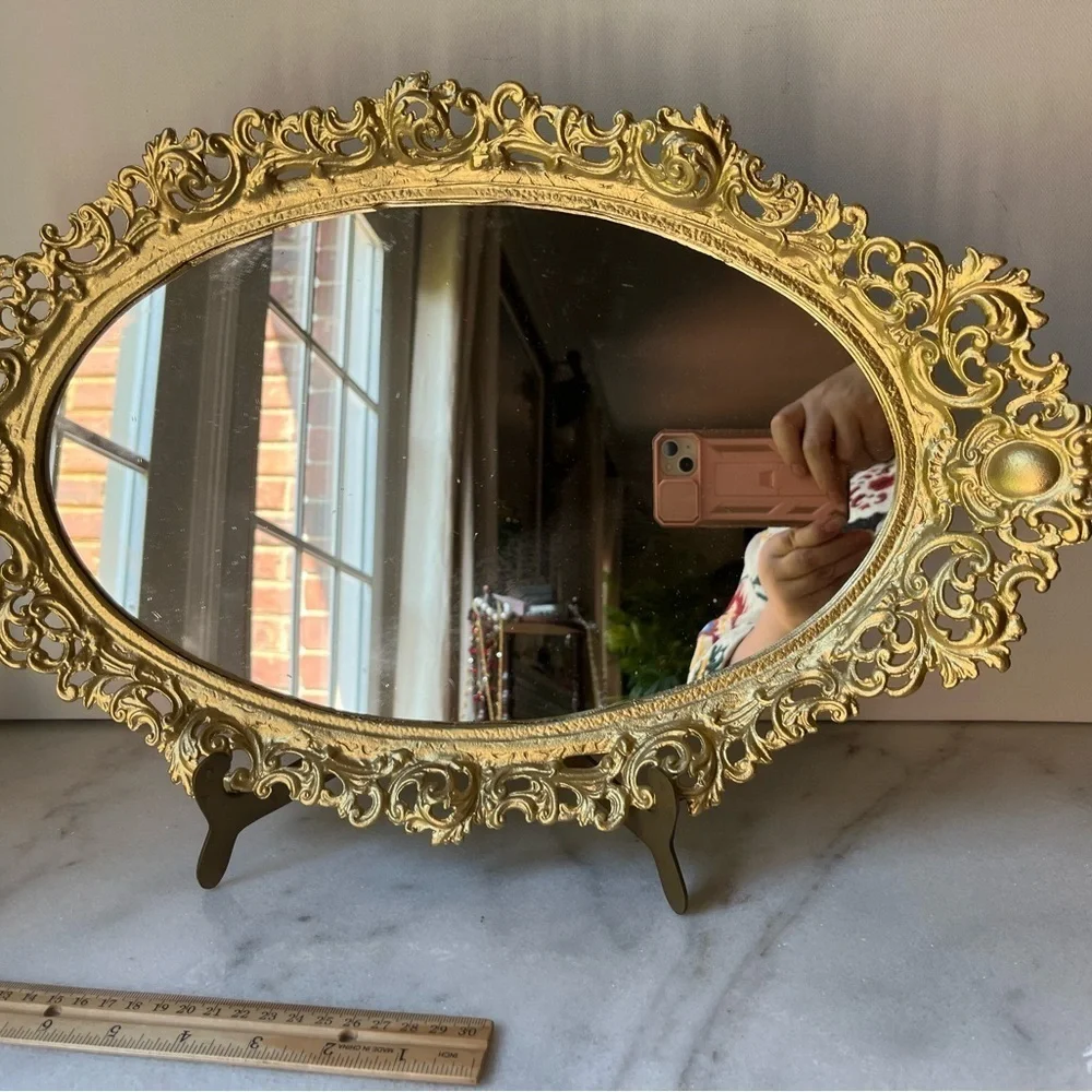Vintage gold ornate oval wall mirror or vanity tray by Robert Emig 1960